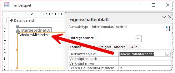 Das gewählte Objekt wird im Unterformular angezeigt.