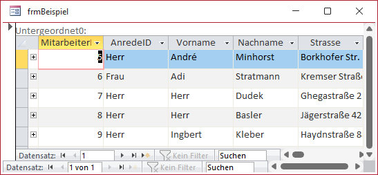 Eine Tabelle im Unterformular