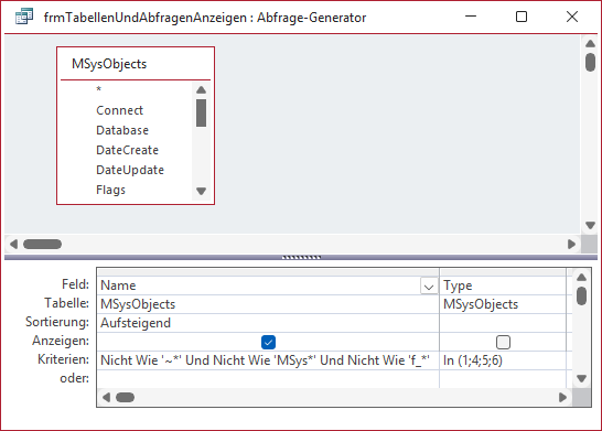 Abfrage, die alle Tabellen und Abfragen liefert
