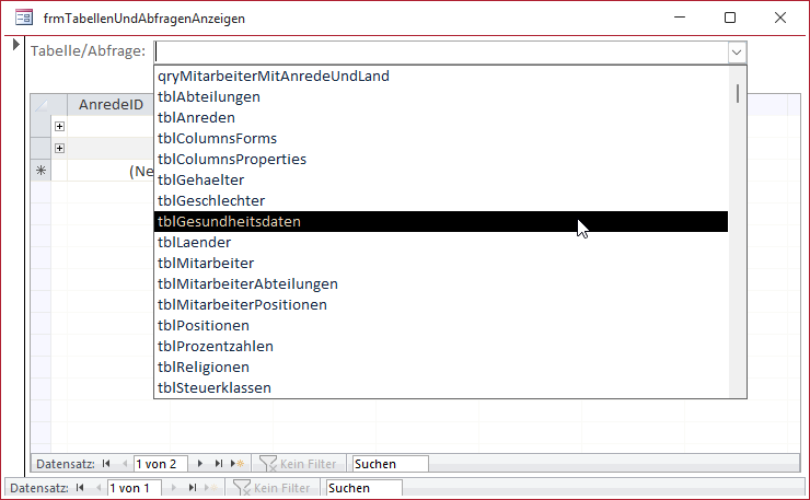 Das Kombinationsfeld zeigt nun alle gewünschten Tabellen und Abfragen an.
