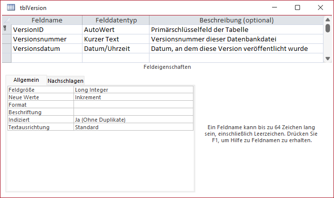 Tabelle zum Speichern der Versionsinformationen in der Entwurfansicht