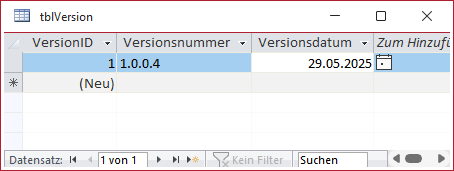 Tabelle mit der Versionsnummer
