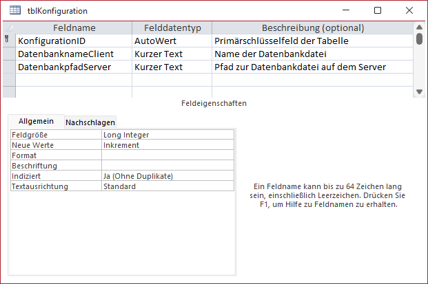 Tabelle zum Speichern der Konfiguration der Startdatenbank