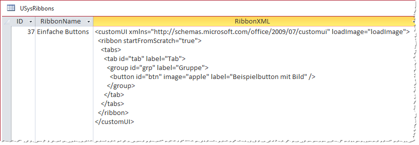 Einfachste mögliche Ribbondefinition zum Anzeigen eines benutzerdefinierten Bildes