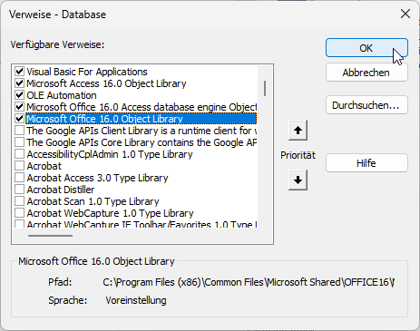 Hinzufügen des Verweises auf die Office-Bibliothek