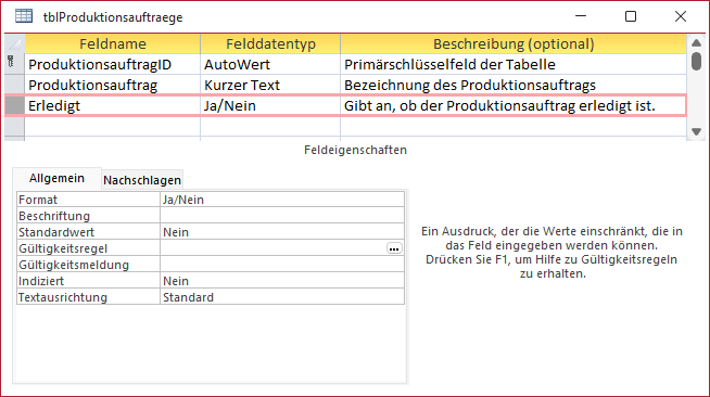 Tabelle für die Produktionsaufträge