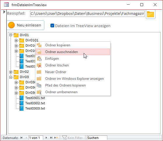 Anzeigen des Kontextmenüs für einen Ordner