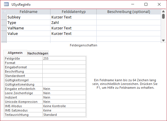 Die Tabelle USysRegInfo in der Entwurfsansicht