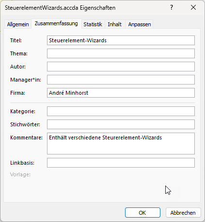 Eigenschaften der Wizard-Datenbank