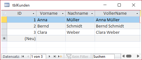 Das berechnete Feld VollerName erscheint in der Datenblattansicht und steht automatisch in allen darauf basierenden Abfragen und Formularen bereit.