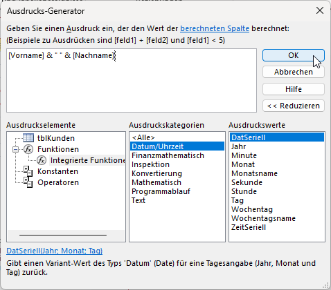 Der Ausdrucksgenerator mit einer Datumsberechnung