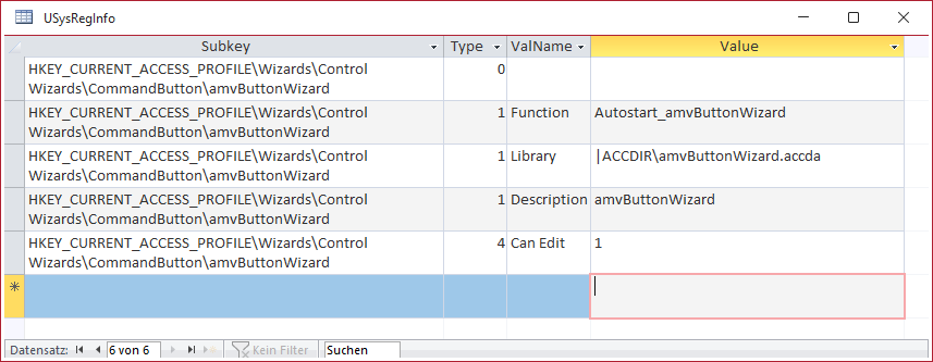 Die Tabelle USysRegInfo mit den Informationen des Wizards für die Registry