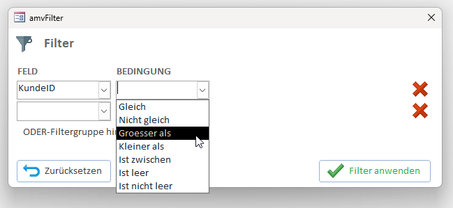 Die Bedingungsauswahl zeigt nur die für den Feldtyp passenden Operatoren