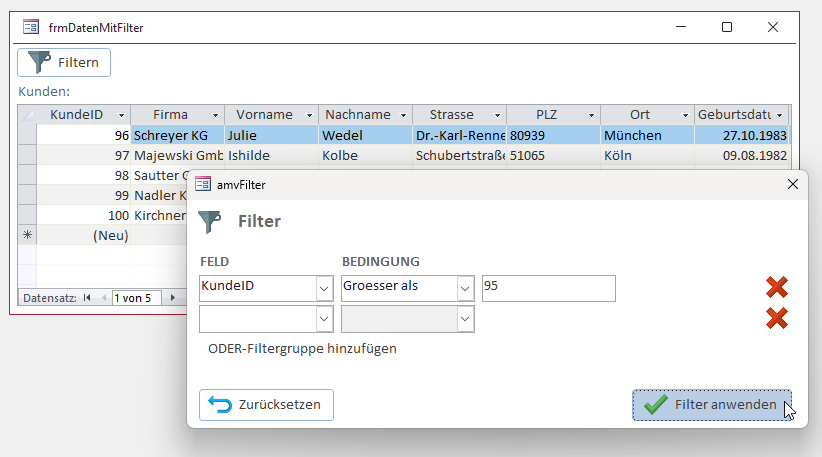 Der erste Filter ist gesetzt - von 100 Datensätzen bleiben 5 übrig