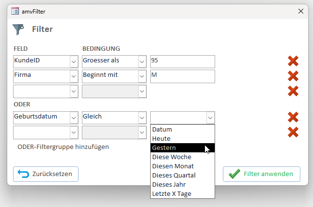 Eine ODER-Gruppe mit Datumsfeld - der Datumstyp-Dropdown bietet vordefinierte Zeiträume