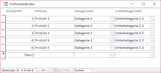 Nach dem erneuten Öffnen des Formulars sind alle Unterkategorien wieder sichtbar.