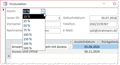 Kombinationsfeld zur Auswahl des Zoom-Faktors