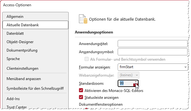 Zoom-Faktor über die Access-Optionen einstellen