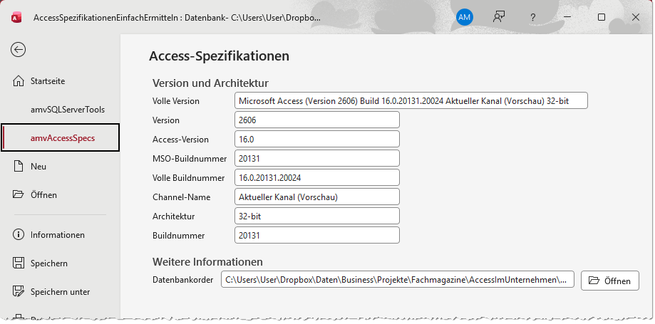Neuer Bereich im Datei-Abschnitt des Ribbons von Microsoft Access