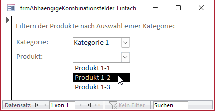 Nach der Wahl einer Kategorie führt das Produktfeld nur noch die dazugehörigen Einträge