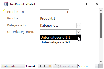 Das gefilterte Kombinationsfeld cboUnterkategorieID nach der Kategorieauswahl