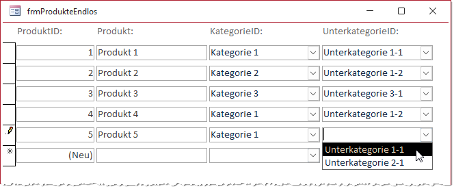 Auswahl der Unterkategorie nach vorheriger Auswahl einer Kategorie