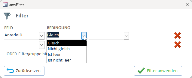 Der Zwischenschritt: Wir bekommen für Nachschlagefelder neue Bedingungen.
