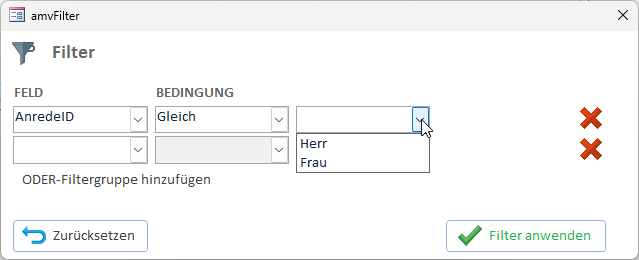 Das Ziel - im Vergleichsfeld erscheint dieselbe Auswahlliste wie im Datenformular.