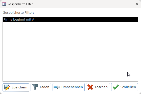 Das Formular zum Verwalten der Filter
