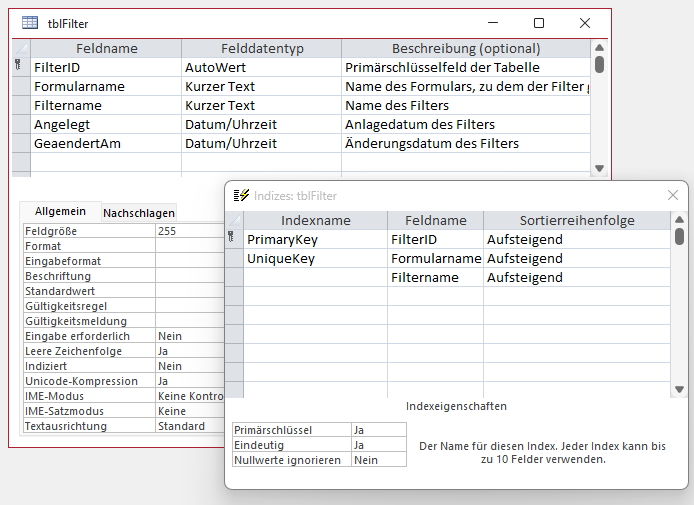 Tabelle zum Speichern der Filter