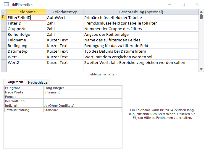 Tabelle zum Speichern der Filterzeilen eines Filters