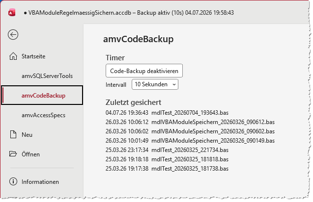 Das COM-Add-In amvCodeBackup im Dateinmenü von Access