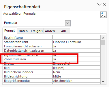 Zoom für ein Formular aktivieren oder deaktivieren