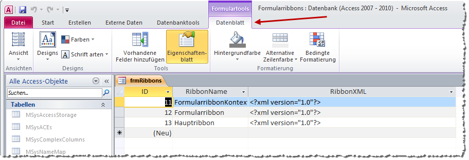 Kontextsensitives Einblenden eingebauter Ribbon-Tabs