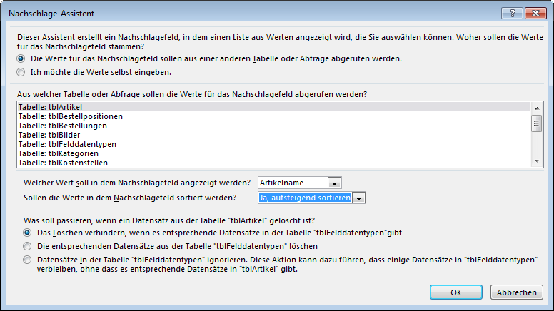 Erstellen eines Nachschlagefeldes