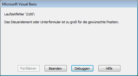 Dieser Fehler wird ausgelöst, wenn Textfelder außerhalb des bedruckbaren Bereichs des Berichtes verschoben werden sollen.