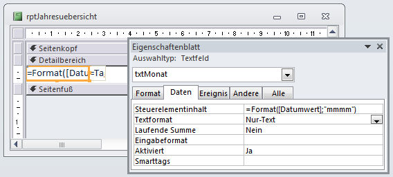 Hinzufügen des Textfeldes zur Anzeige des Monats als Zeilenkopf