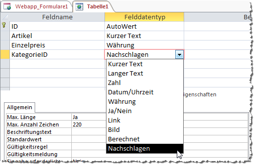 Tabelle mit Nachschlagefeld anlegen