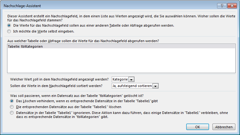Einstellen der Eigenschaften des Nachschlagefeldes