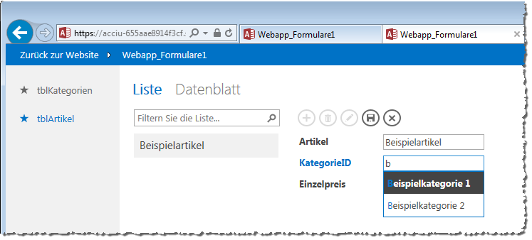 Nachschlagefeld in Aktion