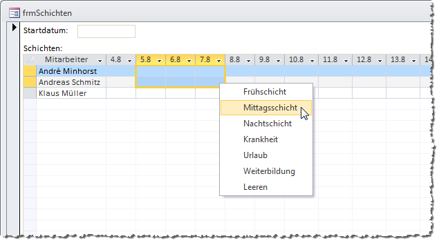Der Benutzer kann per Kontextmenü die Schichten für einen oder mehrere Mitarbeiter und/oder Arbeitstage festlegen.