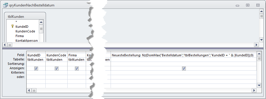 Abfrage basierend auf der Tabelle tblKunden und der neuesten Bestellung für diesen Kunden