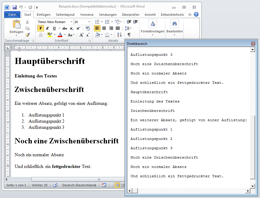Ausgabe des Inhalts der einzelnen Absätze im Direktbereich