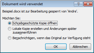 Meldung, wenn eine bereits geöffnete Datei geöffnet werden soll