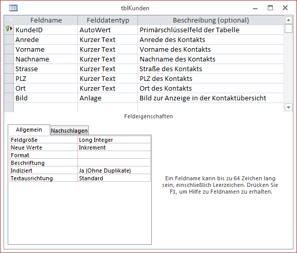 Entwurf der Tabelle mit den anzuzeigenden Kontaktdaten
