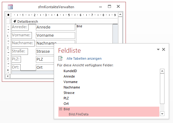 Hinzufügen der Felder zum Unterformular sfmKontakteVerwalten