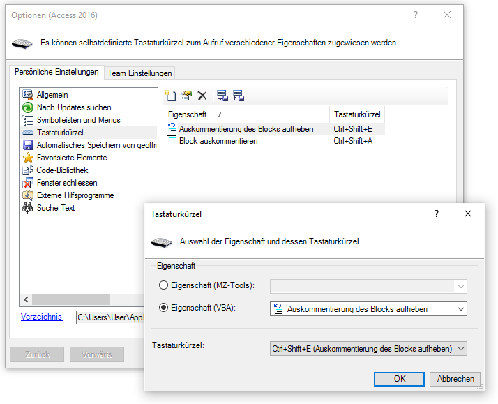 Festlegen einer neuen Tastenkombination