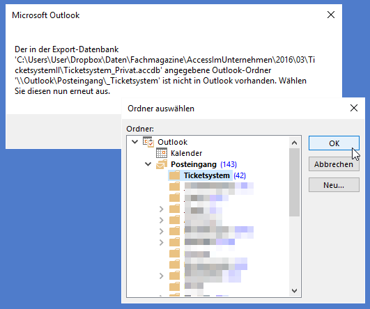 Auswählen eines neuen Zielordners für die Kundenanfragen