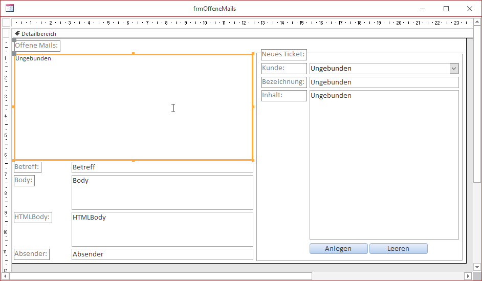 Das Formular frmOffeneMails in der Entwurfsansicht