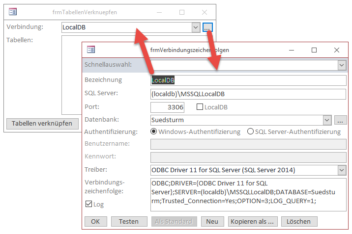 öffnen des Formulars frmVerbindungszeichenfolgen zur Ansicht und Auswahl einer Verbindungszeichenfolge